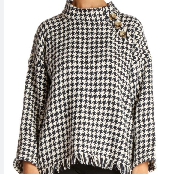 Zara Navy Blue White Houndstooth Fringe Cowl Neck Pullover Sweater Size XS - Picture 1 of 5